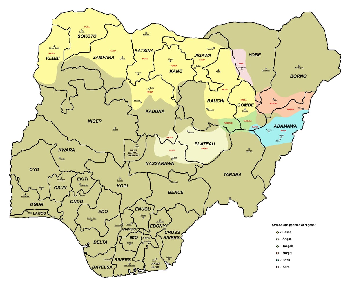harta nigeria arată cele 36 de state și capitalele lor