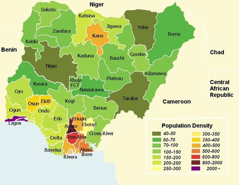 Harta nigeria arată distribuția populației