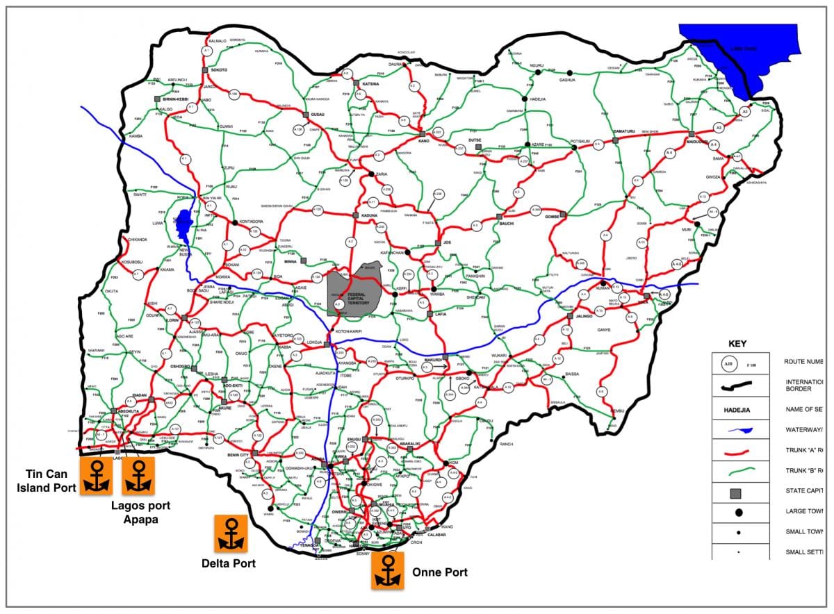 Harta nigeria arată rețeaua de drumuri
