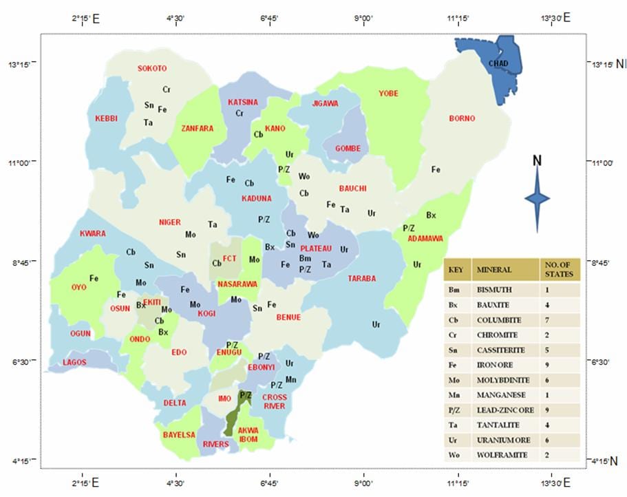Harta nigeria arată resursele minerale