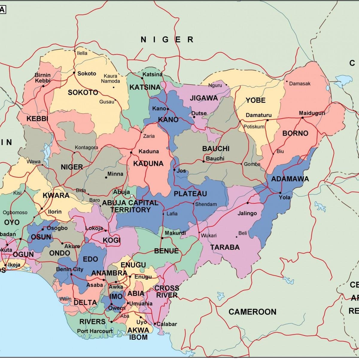 Harta de nigeria cu state și orașe