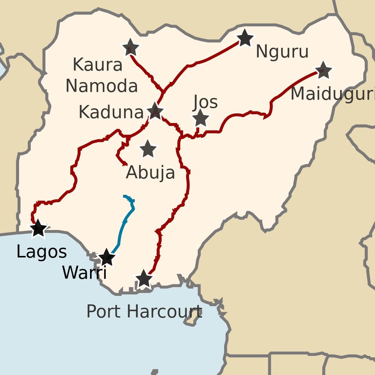 harta nigeria arată liniile de cale ferată